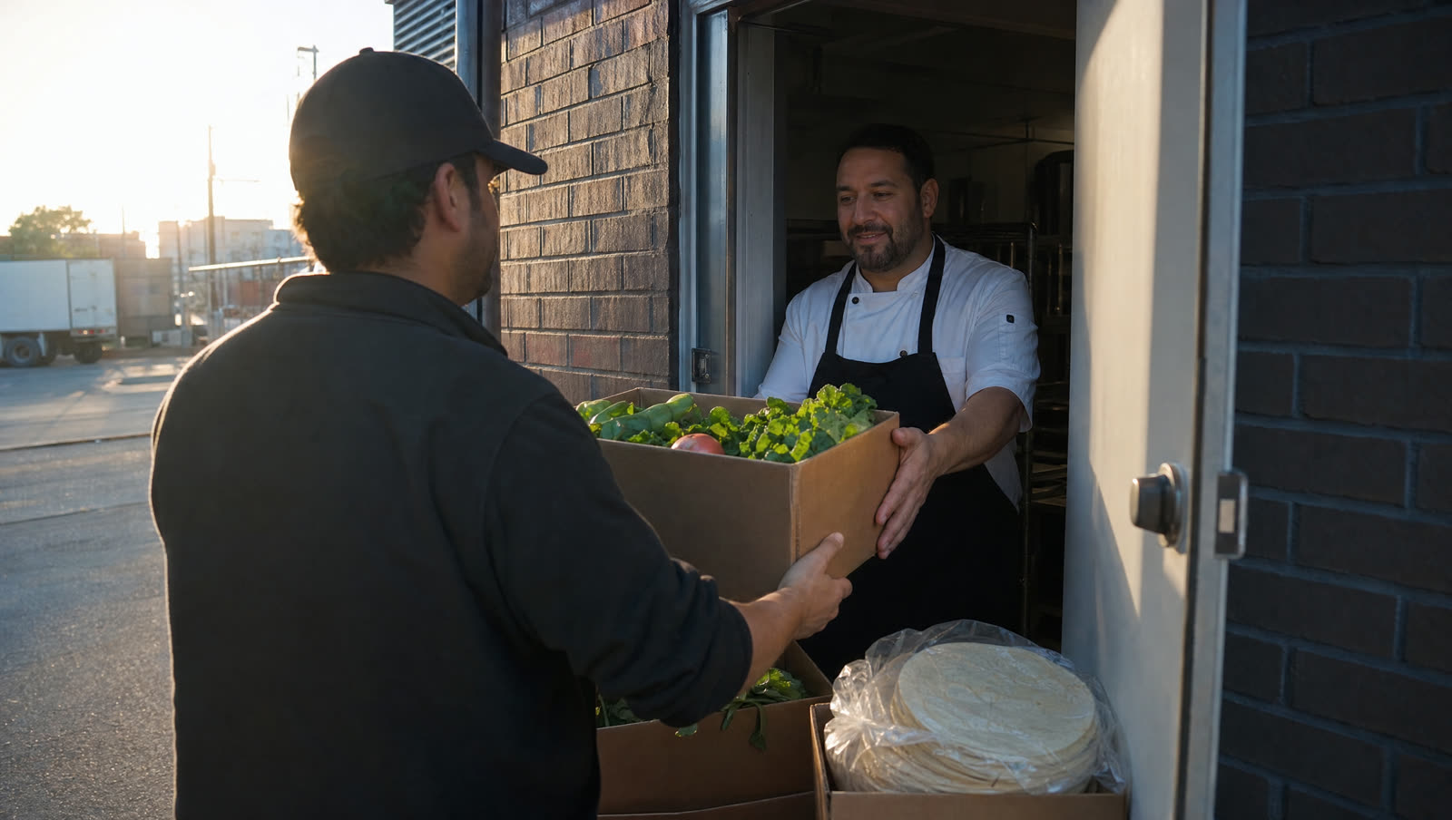 Produce crates being unloaded at a restaurant back door