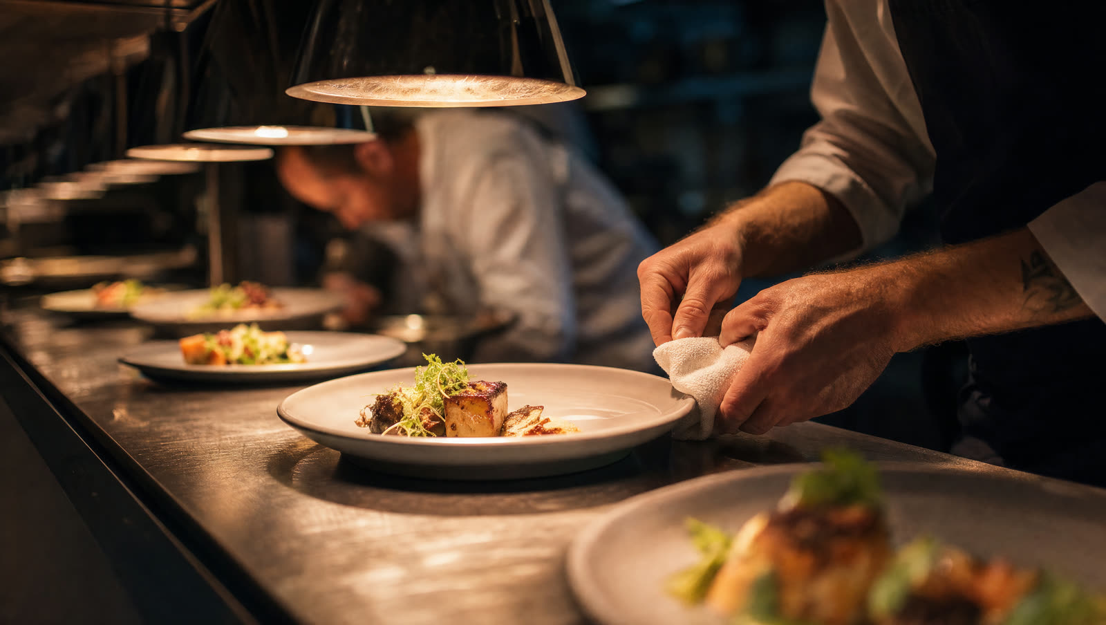 Finished plates on a restaurant pass under heat lamps